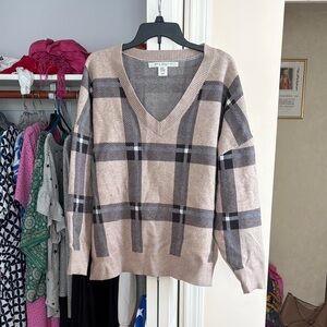 Max Studio V-Neck Sweater - Tan and Black Plaid